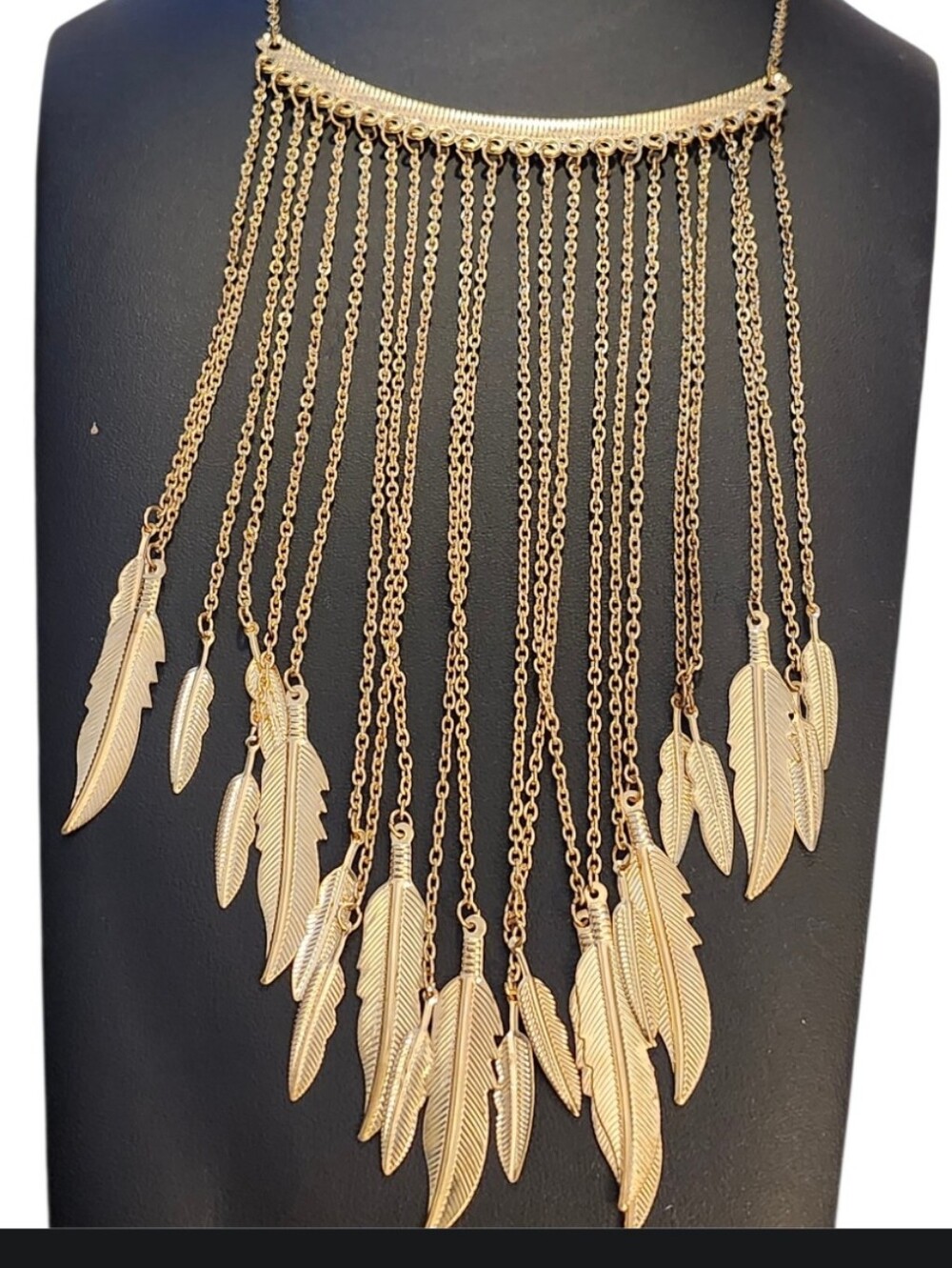 Vintage Tribal Gold Feather Fringe Statement Necklace